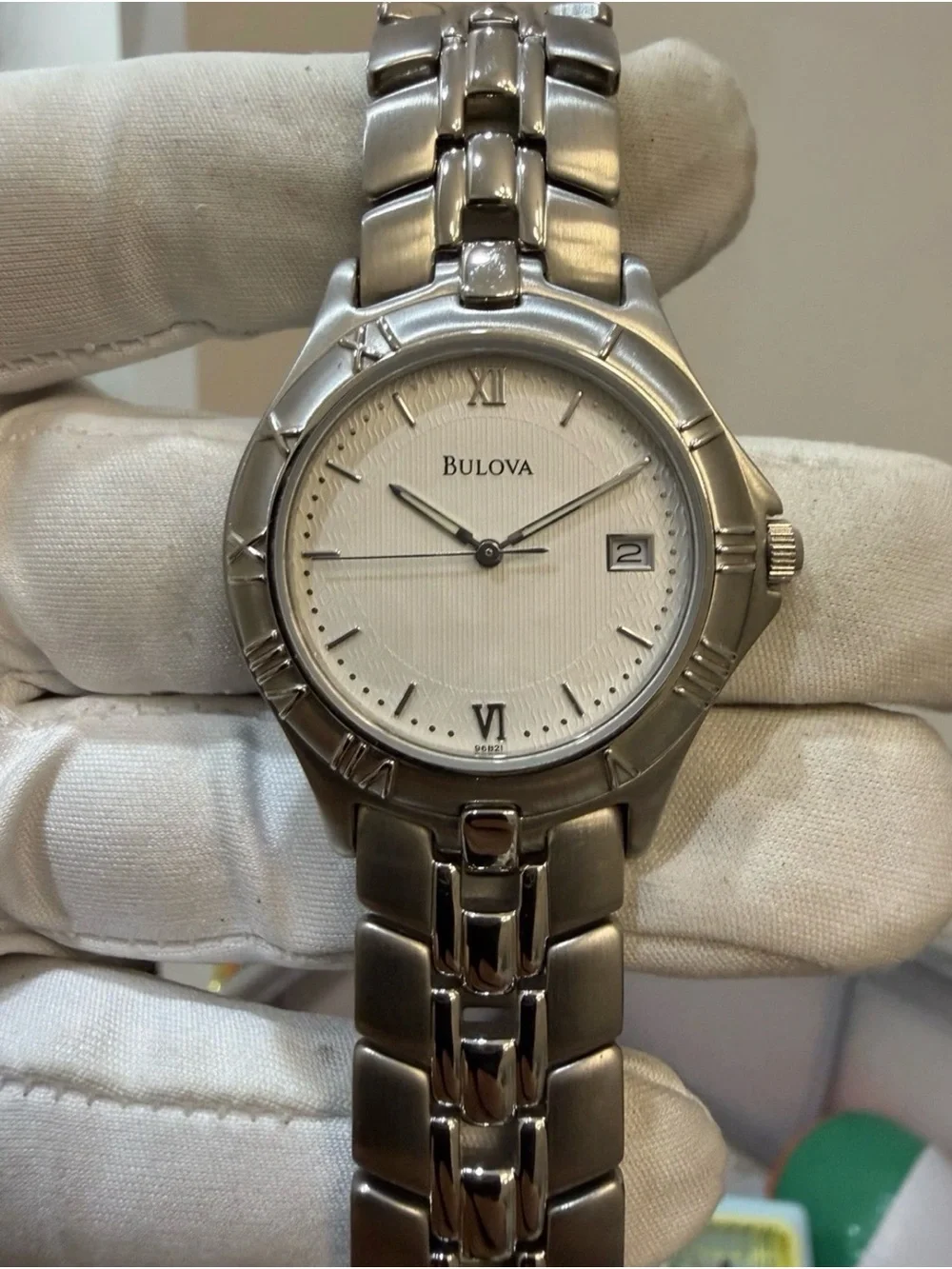Bulova 96B21 Men's Watch Stainless Steel Silver White Pinstripe Roman Date New